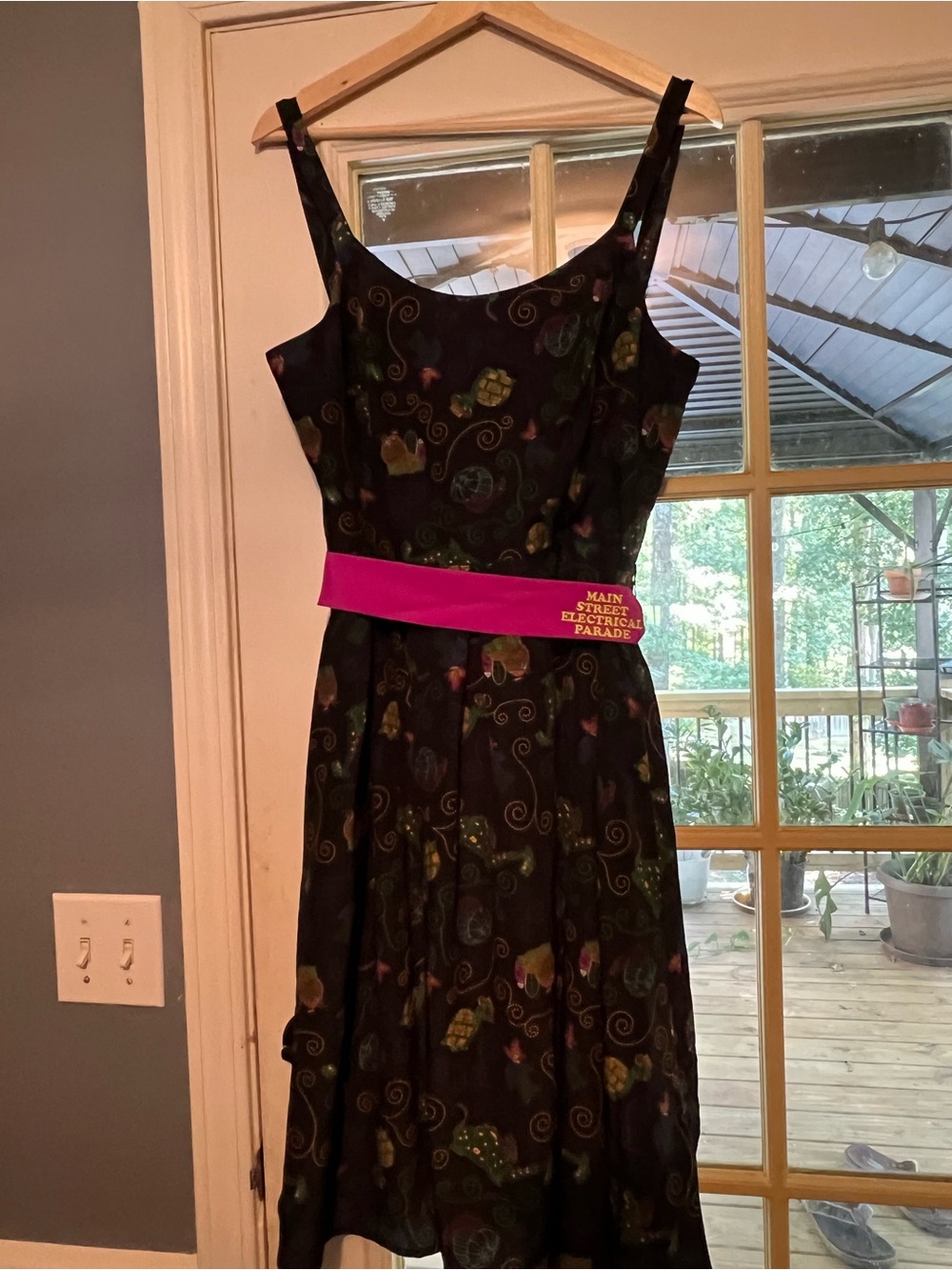 Black Floral-Print Midi Dress with Pink Belt